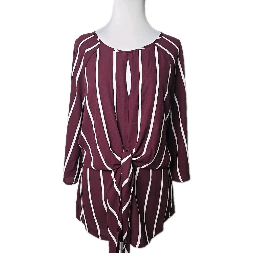 Burgundy White Stripe Satin Tie-Front Peplum Blouse XL